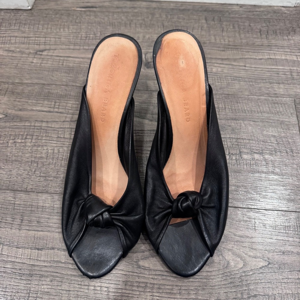 Veronica Beard Black Leather Knot Front Open Toe Mules Stiletto Heels Sandal 9